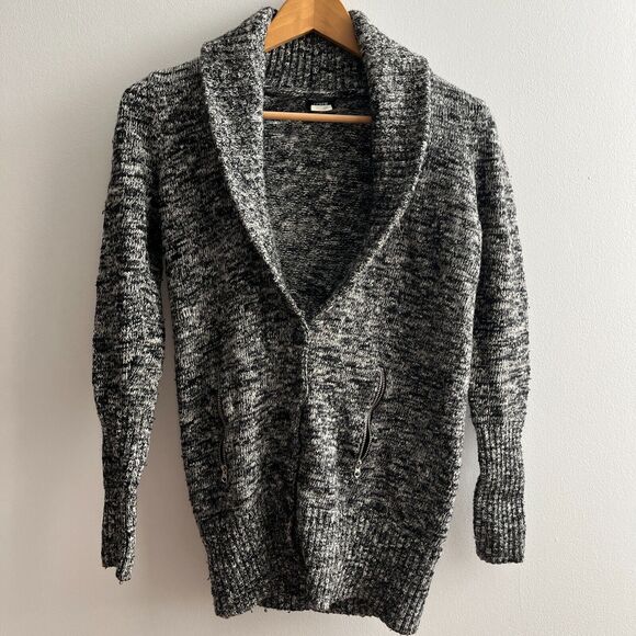 J Crew Cardigan S Black Gray Heathered Merino Wool Blend Button Zip Pockets - Picture 1 of 8